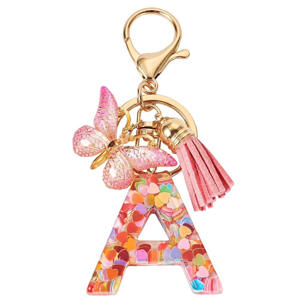 ZIBUYU® Letter A Keychain Charm Metal Keyring Backpack Bag Decoration Pink Butterfly Clear Resin Embedded Sequins Stylish Gift for Girls