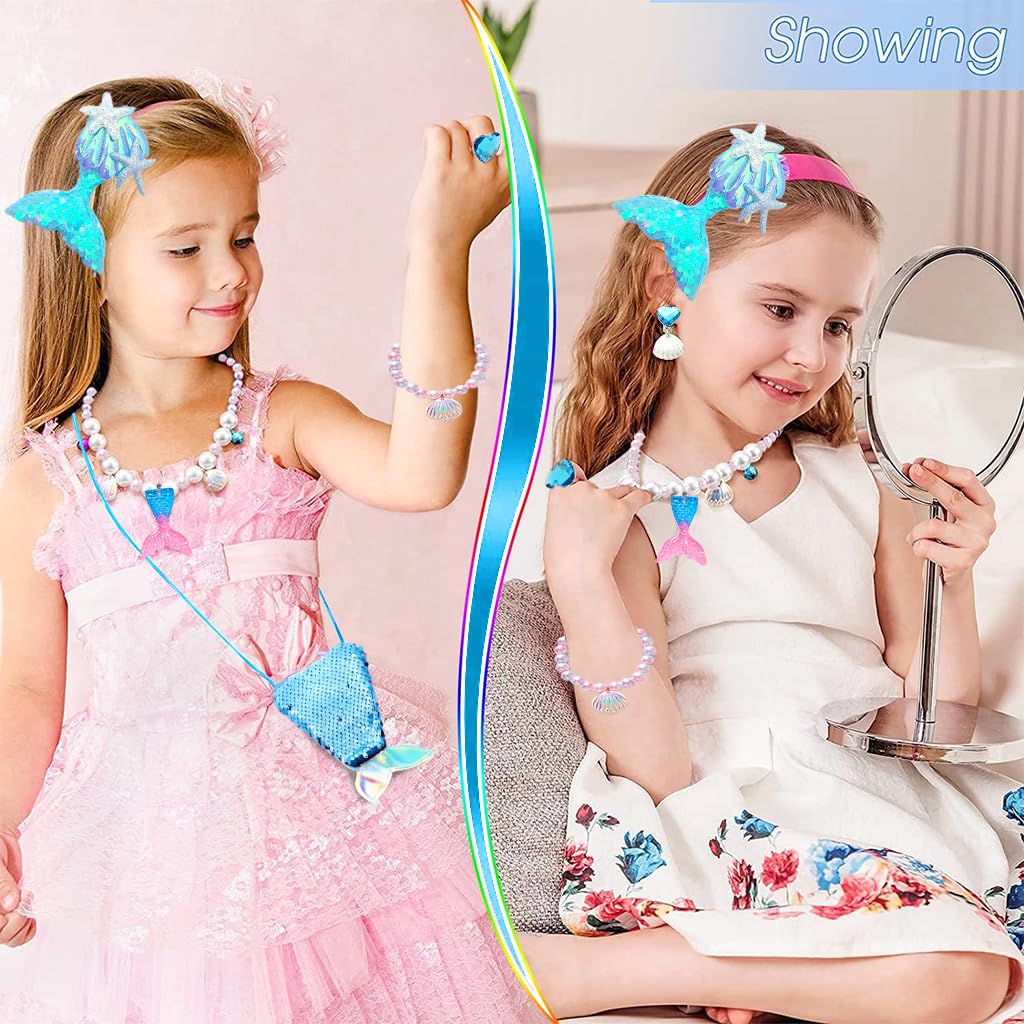 SANNIDHI Girls Mermaid Jewelry Set of 6Pcs Mermaid Faux Pearl Necklace Bracelet Earring Ring Hair Clip Set Mermaid Sequin Bag Birthday Gift for Girls Princess Christmas Gifts