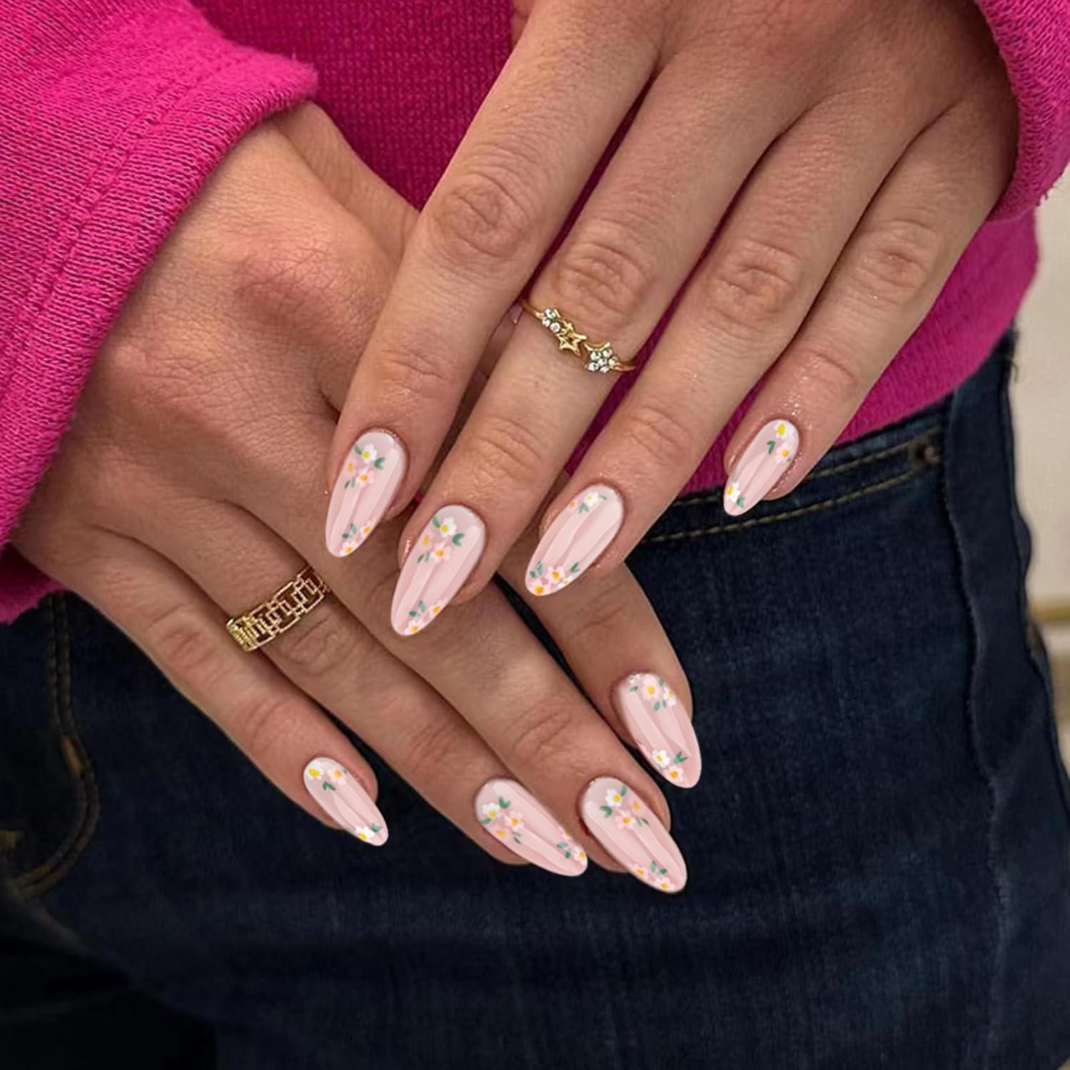 MAYCREATE Press On Nail Set for Everyday Wear with 24Pcs Almond Sizes and Adhesive Tabs | Pink Floral Resin Design