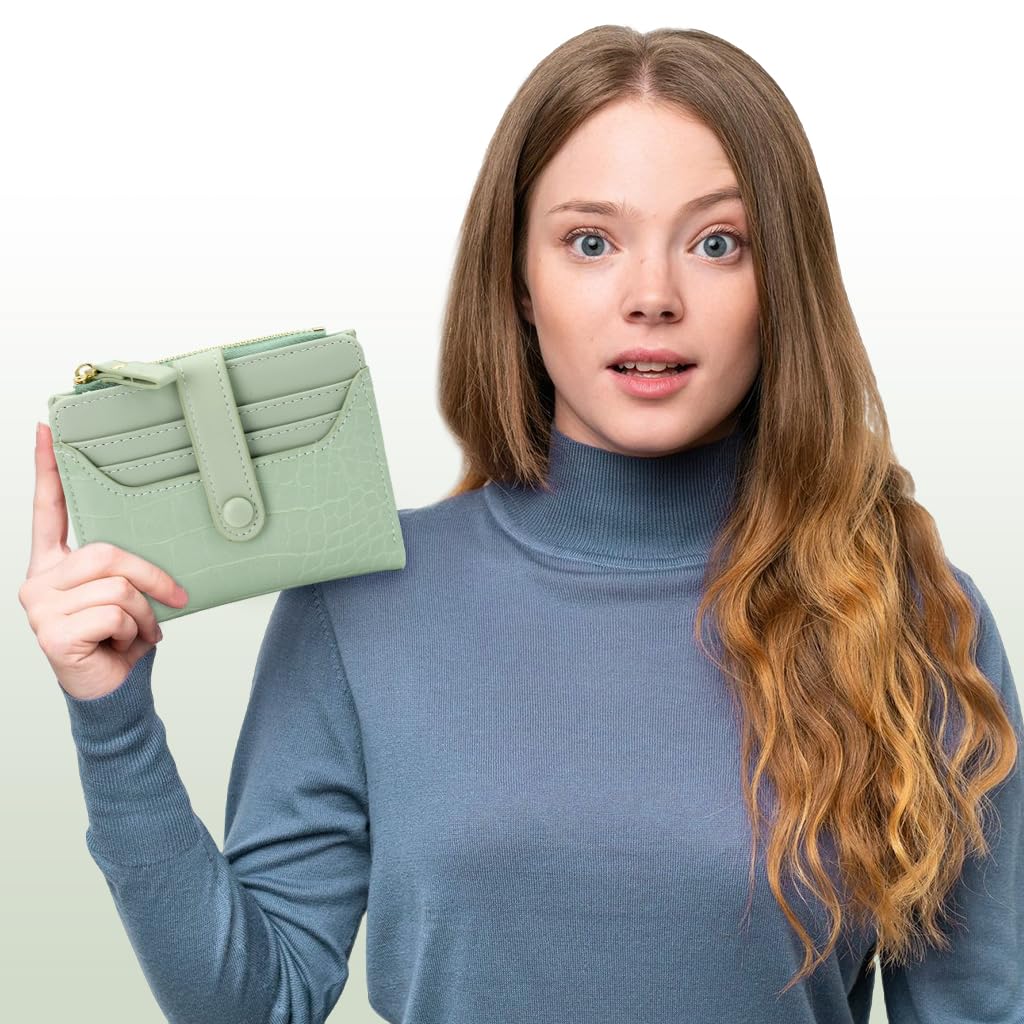 ZIBUYU Women Purse for Daily Use with 8 Card Slots & Snap Button Closure | Mint Green PU Wallet 11.5x9cm