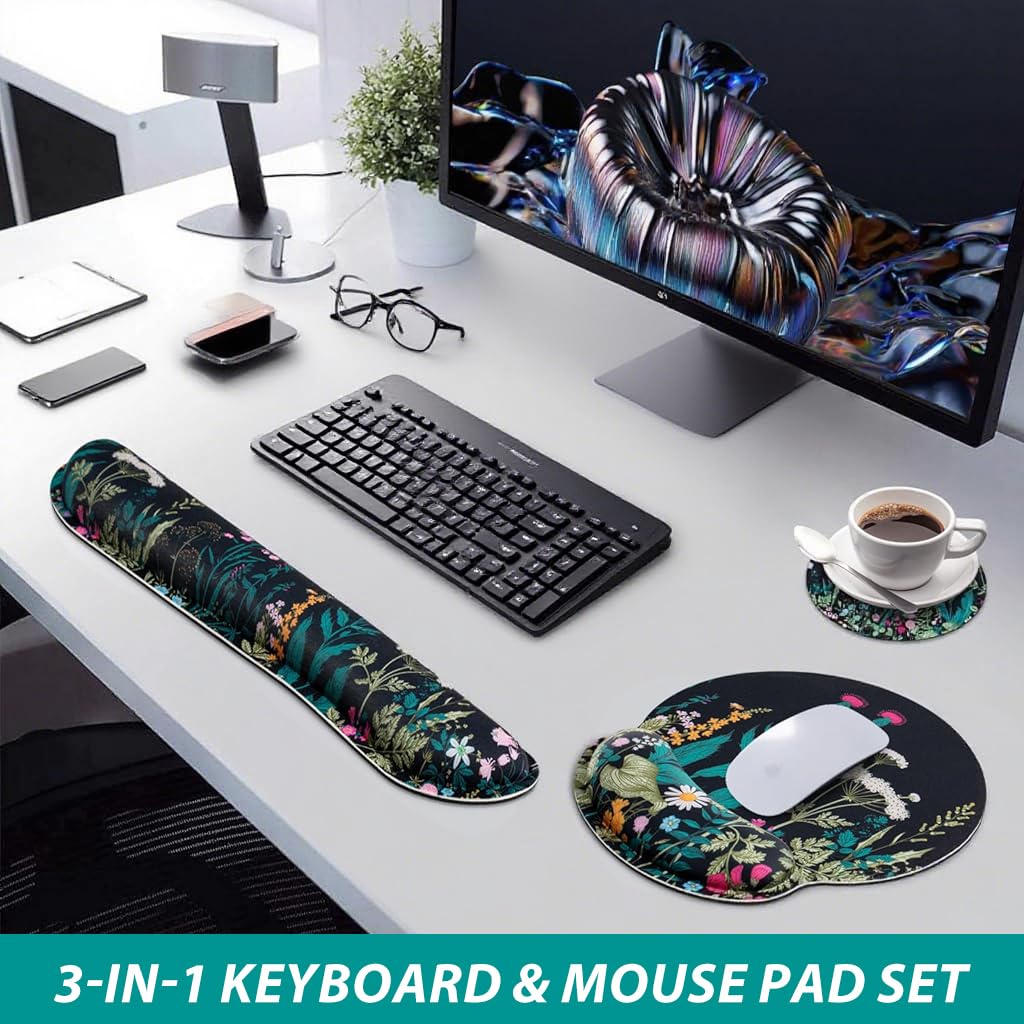 ZORBES Gaming Mouse Pad Set for Home and Office with Memory Foam Wrist Support | 3 Pcs Non Slip Base and Floral Print