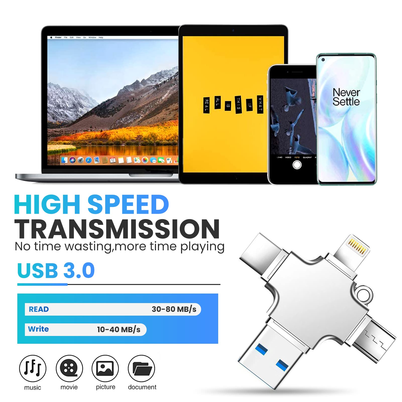 Verilux Pendrive 128GB for iPhone and Android with 4 in 1 USB Ports and Metal Keychain Design