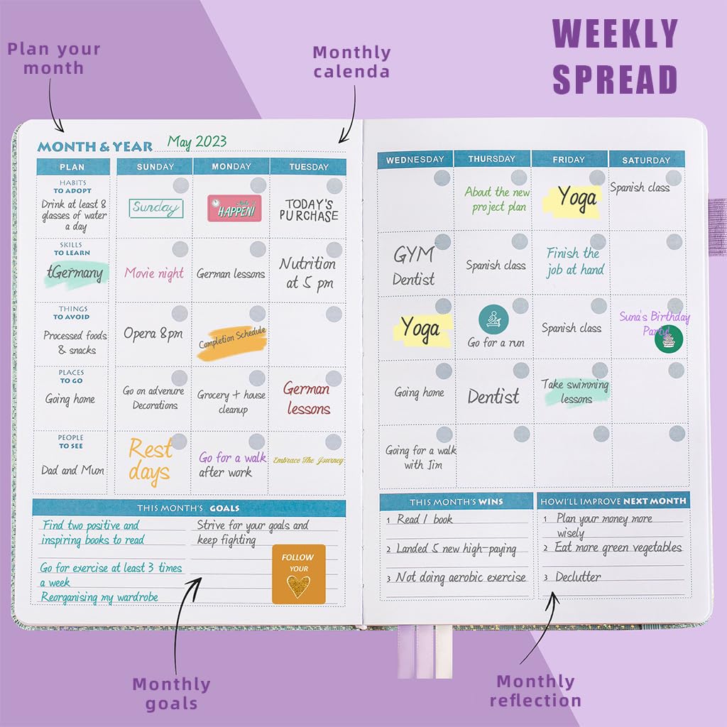 HASTHIP® Weekly Planner A5 Notebook with Color Lable Stickers, Undated Weekly, Monthly, Yearly Planner Sparkling Hard Cover Schedule Planner To-Do-List Planer Budget Planner