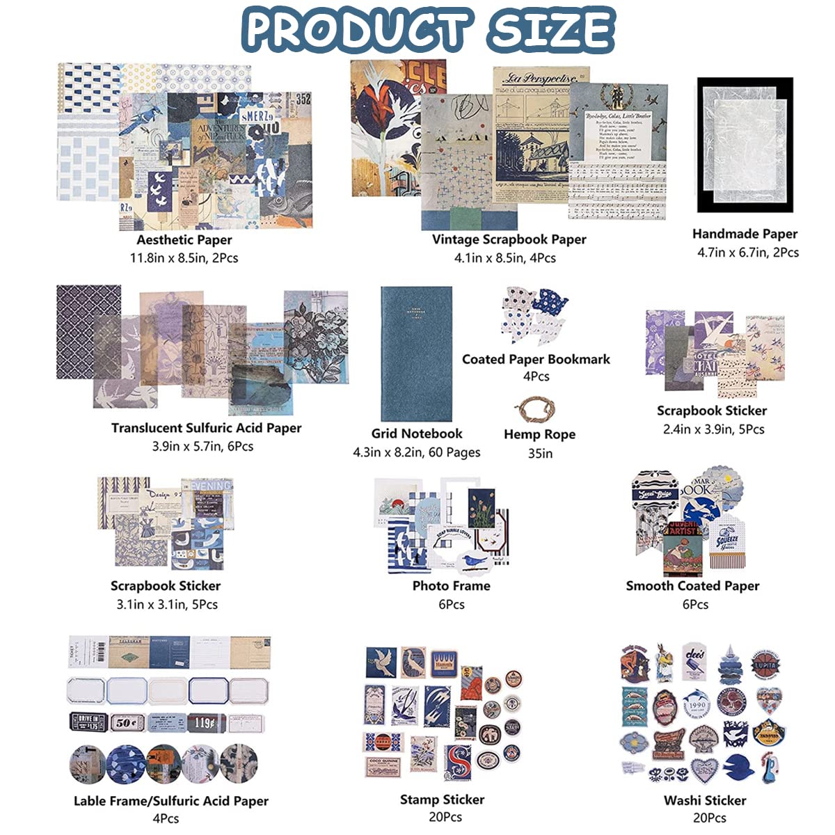 HASTHIP Scrapbook Stickers Kit for Journaling with 84 Paper Pieces including Notebook and Frames | Blue Vintage DIY Supplies