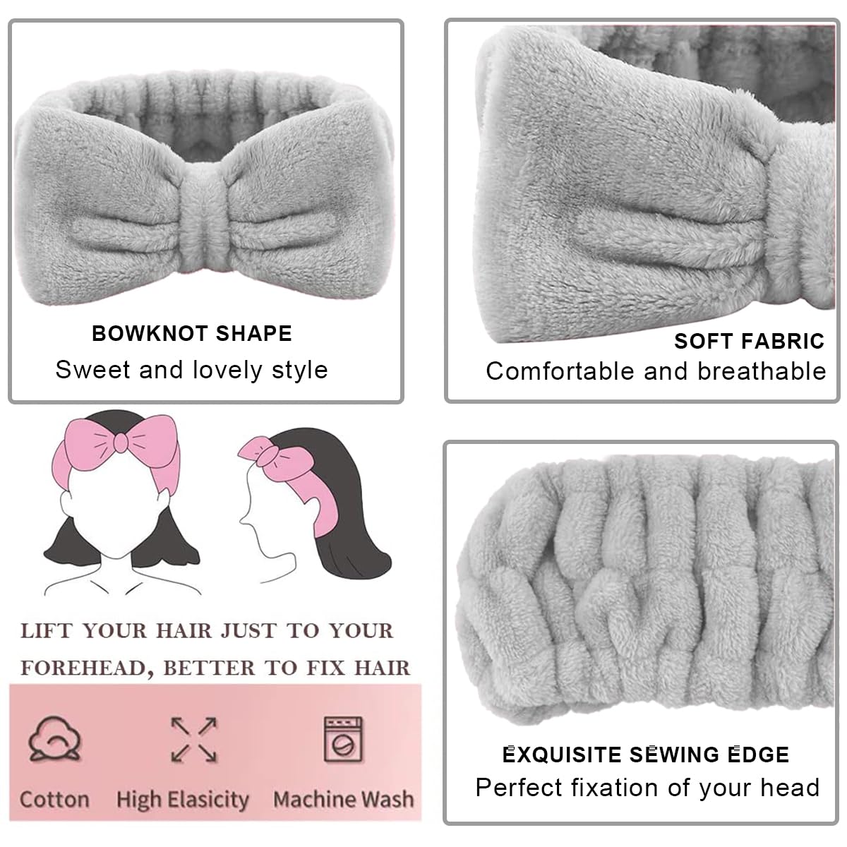 MAYCREATE Spa Headband & Wristband Set for Face Washing with Soft Flannel Bow | Grey