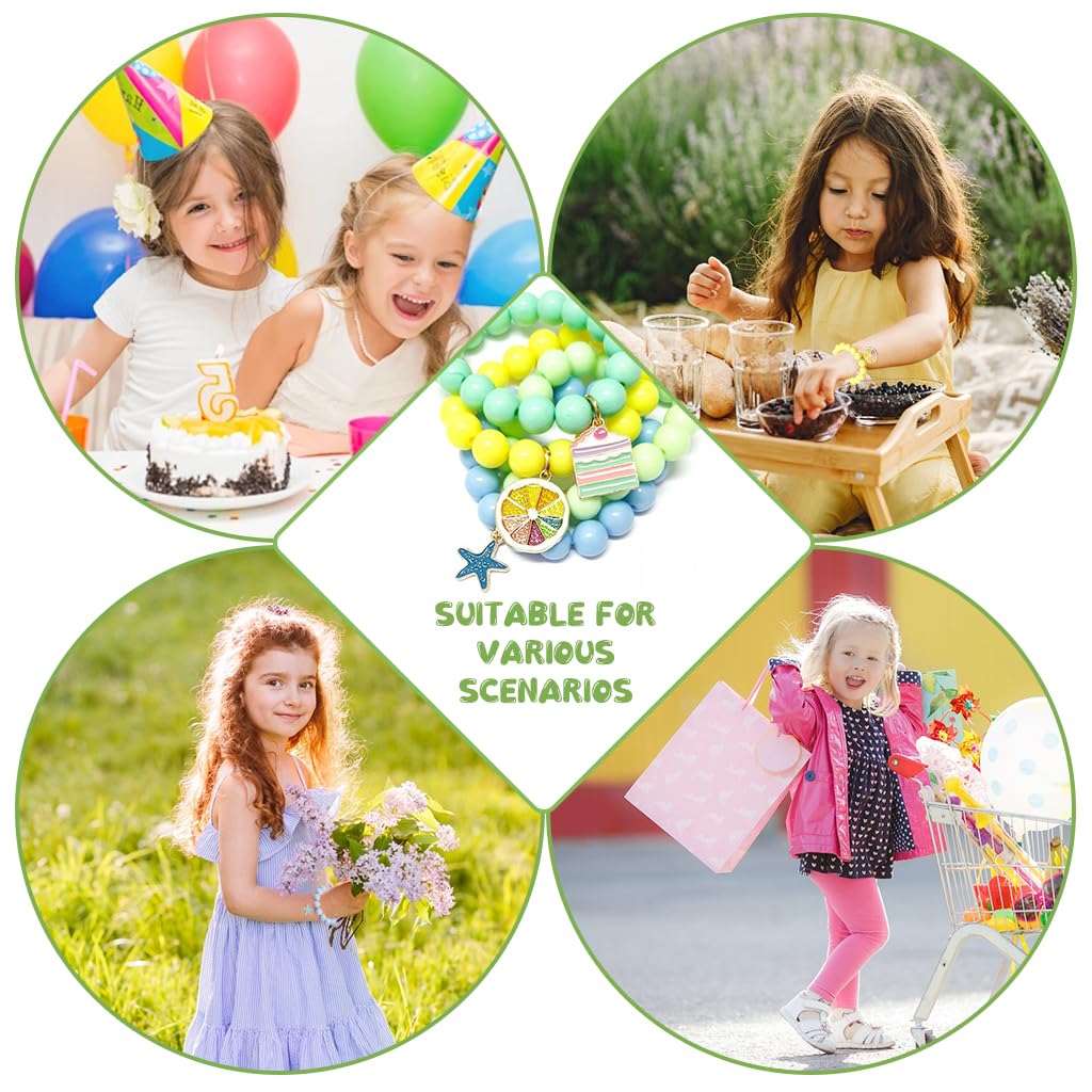 SANNIDHI 4Pcs Beads Bracelet for Girls Kids Cartoon Friendship Bracelet Fashion Acrylic Candy Color Beaded Hand Bracelets with Enamel Charms, Children's Day Gift for Girls