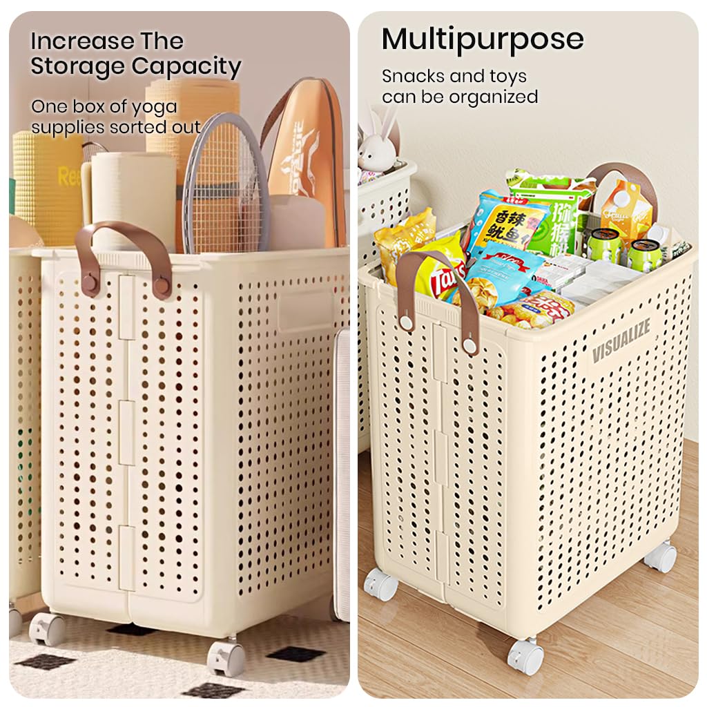 Supvox® Laundry Basket Laundry Cart with Wheels Folding Laundry Hamper Plastic Folding Laundry Basket with Handle Ventilation Mesh Hole Design Moving Laundry Basket Cart, 37.7x31x50cm