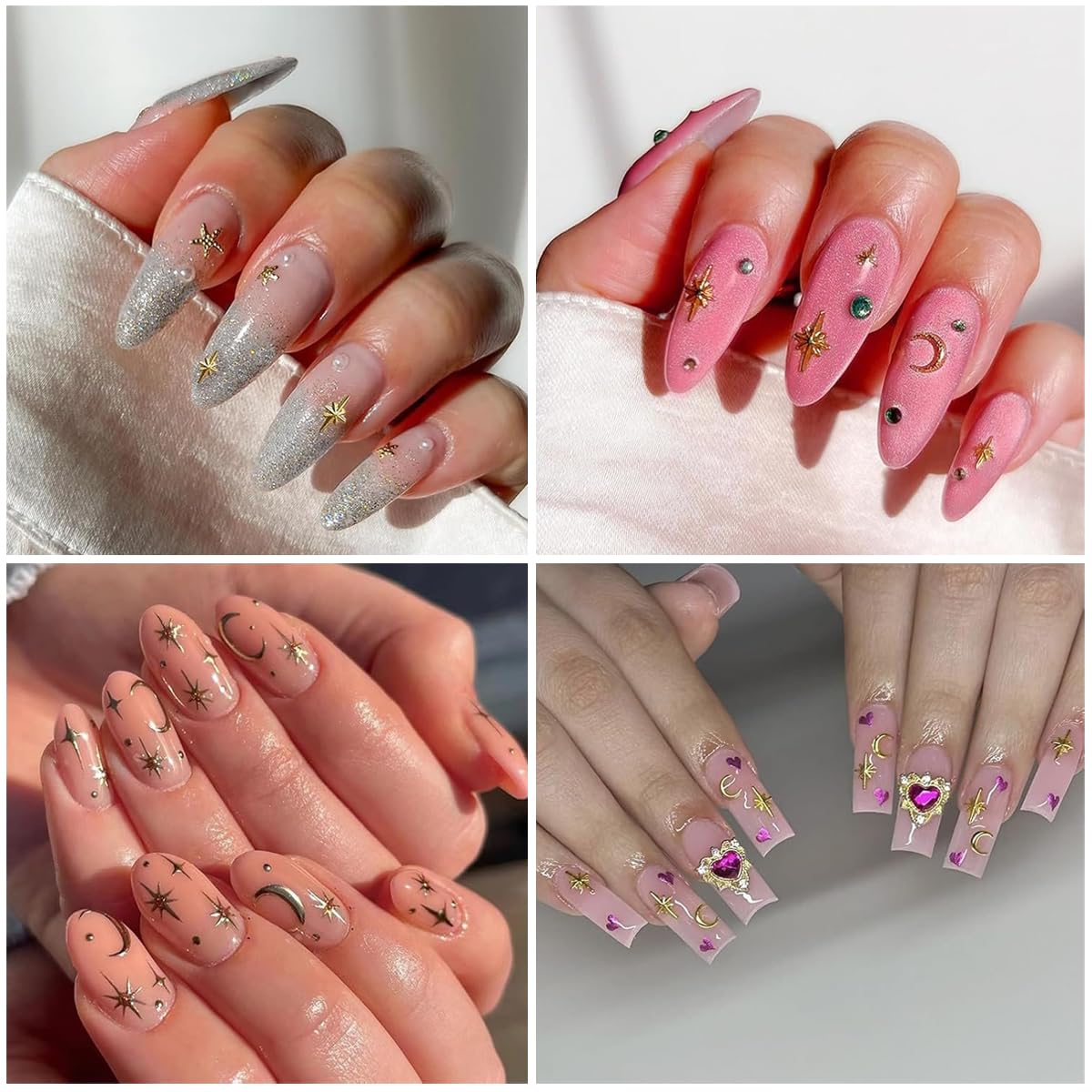 MAYCREATE Star Nail Charms Set for Acrylic Nails featuring 850PCS 3D Gold Silver Metallic Studs