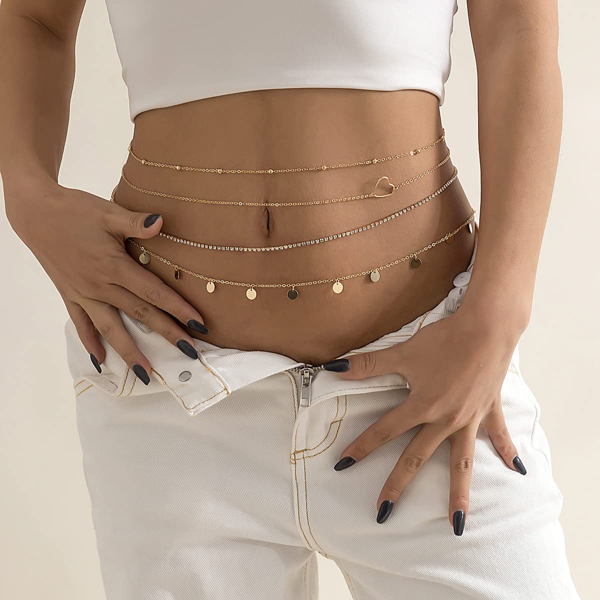SANNIDHI Waist Chains for Women Set of 4Pcs with Layered Metal Design 26.8+9.8 in | Golden Body Chain for Beach and Saree Wear