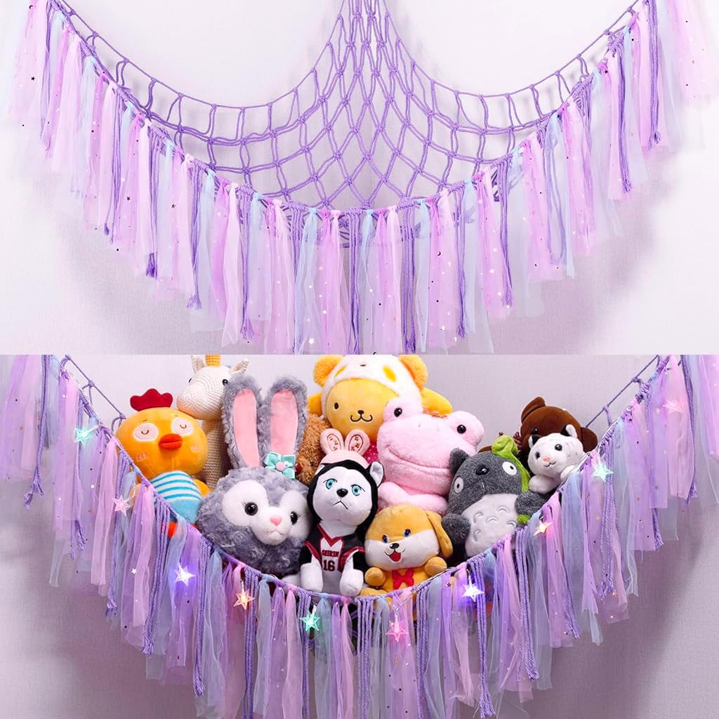 PATPAT® DIY Stuffed Animal Toy Hammock Girls Room Decoration Plush Toy Hanging Storage Net Dreamy Purple Tassle Ribbon Hanging Net Self Adhesive Hanging Decorative Net Wall Corner Triangle Hangings