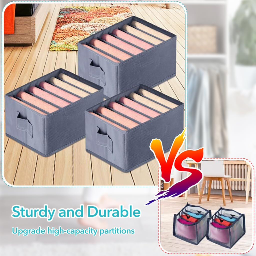 HASTHIP Clothes Organiser for Wardrobe with 6 Drawer Compartments and Handles | 3Pcs 44x25x22cm Cloth Storage Boxes