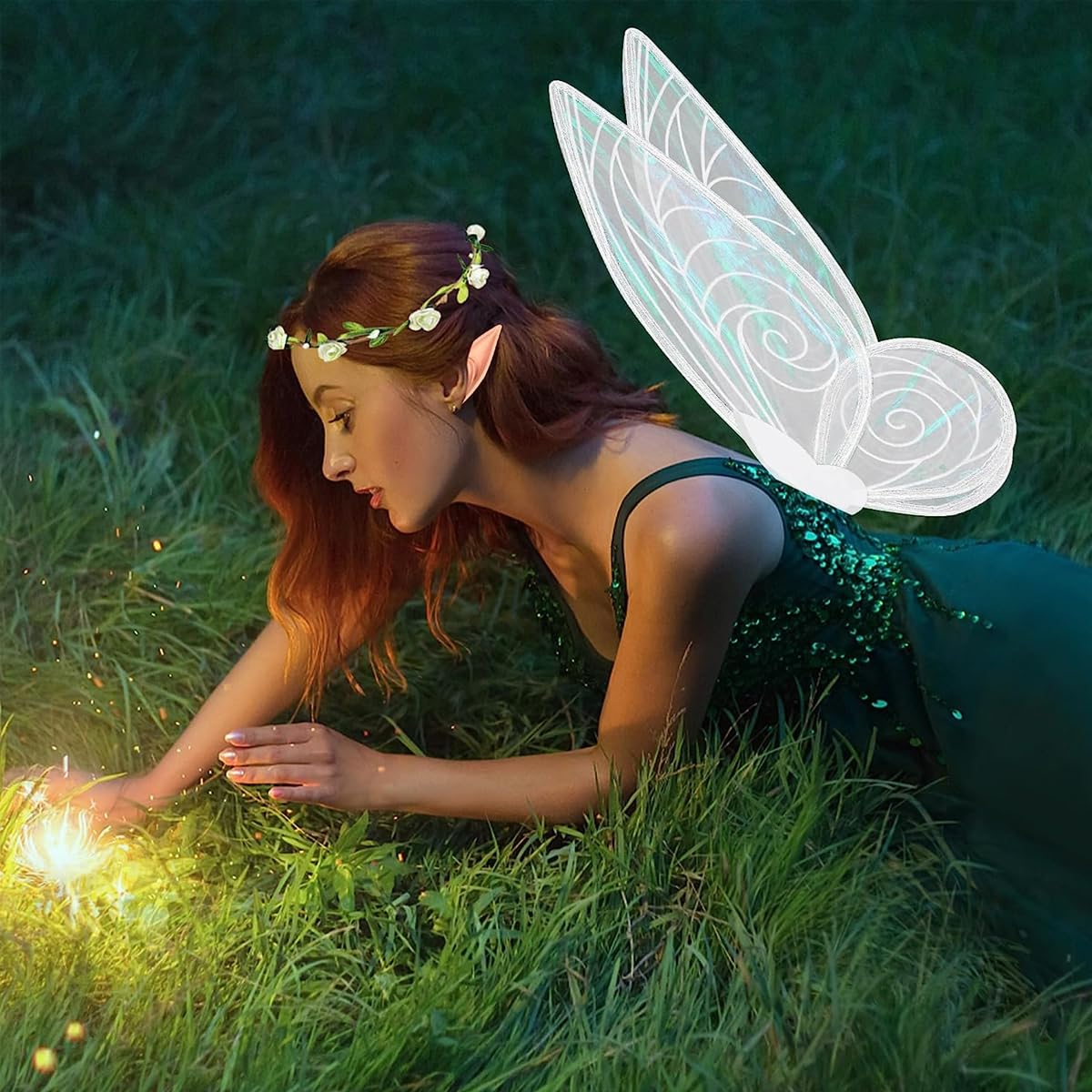 PATPAT Fairy Wings for Kids 5+ Years with Shoulder Strap 60×48 cm Organza White Set | Includes Elf Ears and Flower Garland