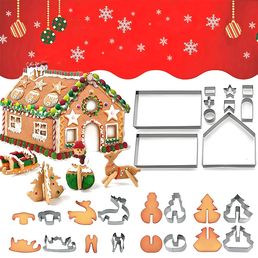 HASTHIP 18PCS 3D Christmas Cookie Cutters for DIY Gingerbread House with Santa House Design | Fun Holiday Baking Tool Set