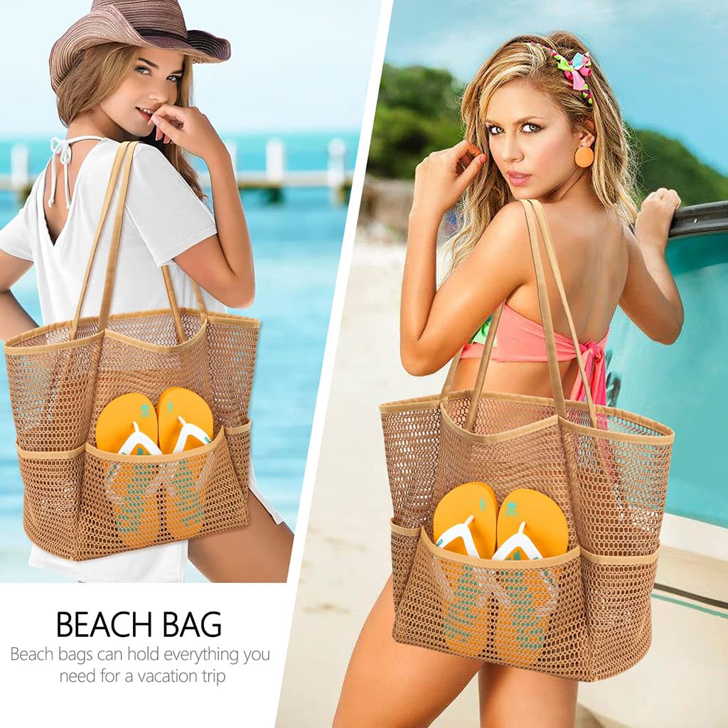 ZIBUYU Large Mesh Beach Bag Tote for Women with Waterproof Base and Multiple Pockets | Sand-Free and Lightweight for Travel, Pool or Picnic