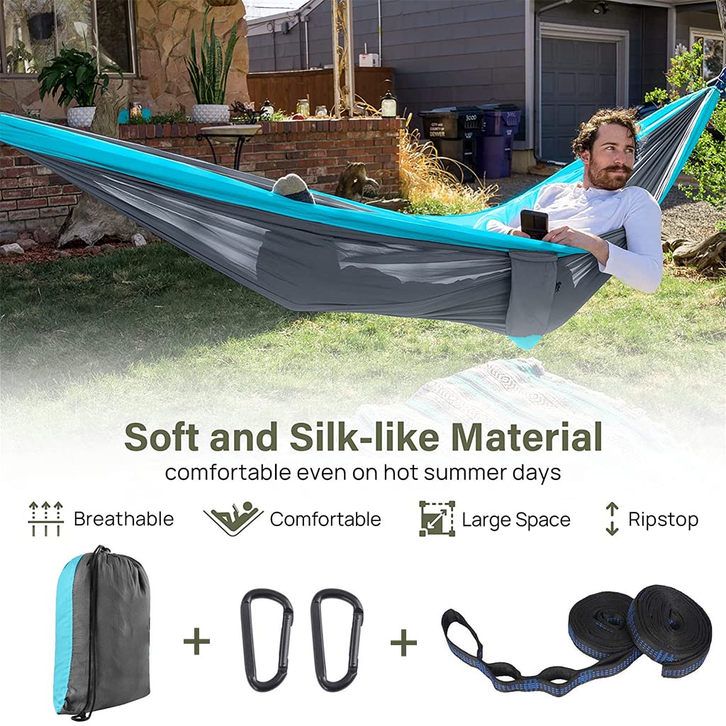 HASTHIP® Blue Hammock for Camping Outdoor Activities with 2 Fixing Straps, Swing for Adults and Kids,Portable Ultralight Nylon Hammock for Travel,Beach,Trekking,Maximum 200kg Load