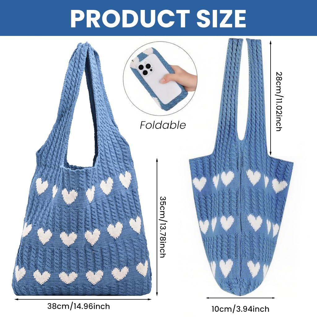 Zibuyu Crochet Heart Tote Bag for Work School and Beach with Plush Charm | Cream and Red Knit Style