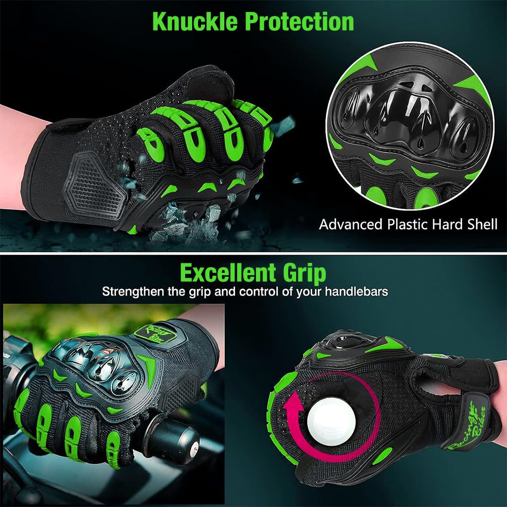 PROBEROS Motorcycle Gloves for Riding and Outdoor Sports with Hard Knuckle Protector | Green Unisex Touchscreen Full Finger Gloves 3.1–3.5 in Palm