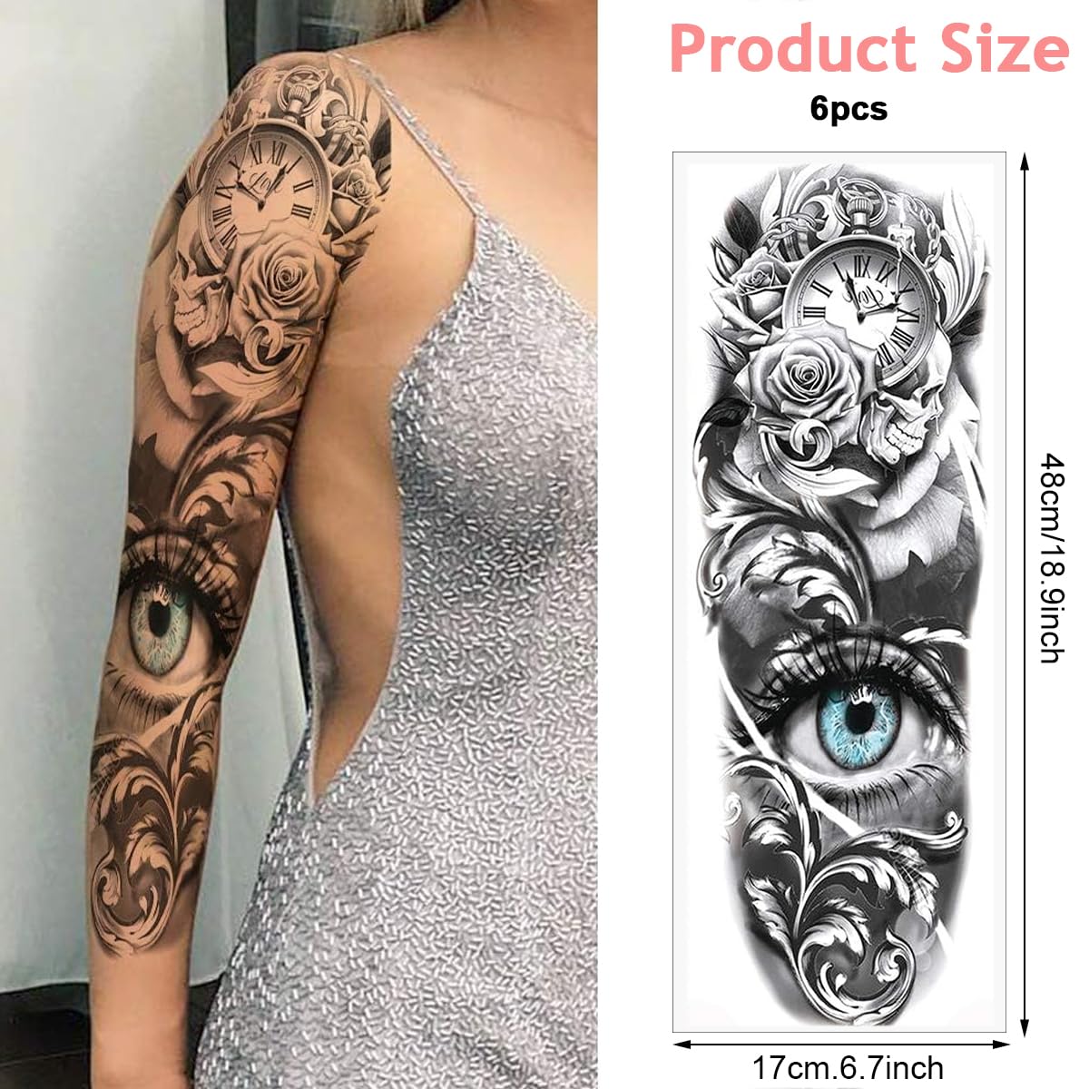 MAYCREATE Temporary Tattoo Stickers for Men and Women with 6 Sheets 48×17 cm Waterproof Designs | Ideal for Party and Club