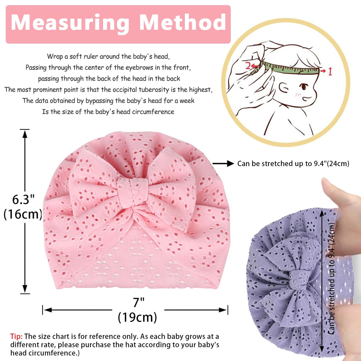 PALAY® 3 Pack Turban Cap for Baby Girl, Soft Stretchy Newborns Hat, Knotted Big Bow Headband for Baby 3-18 Months, Cute Breathable Infant Headwrap Shower Gift