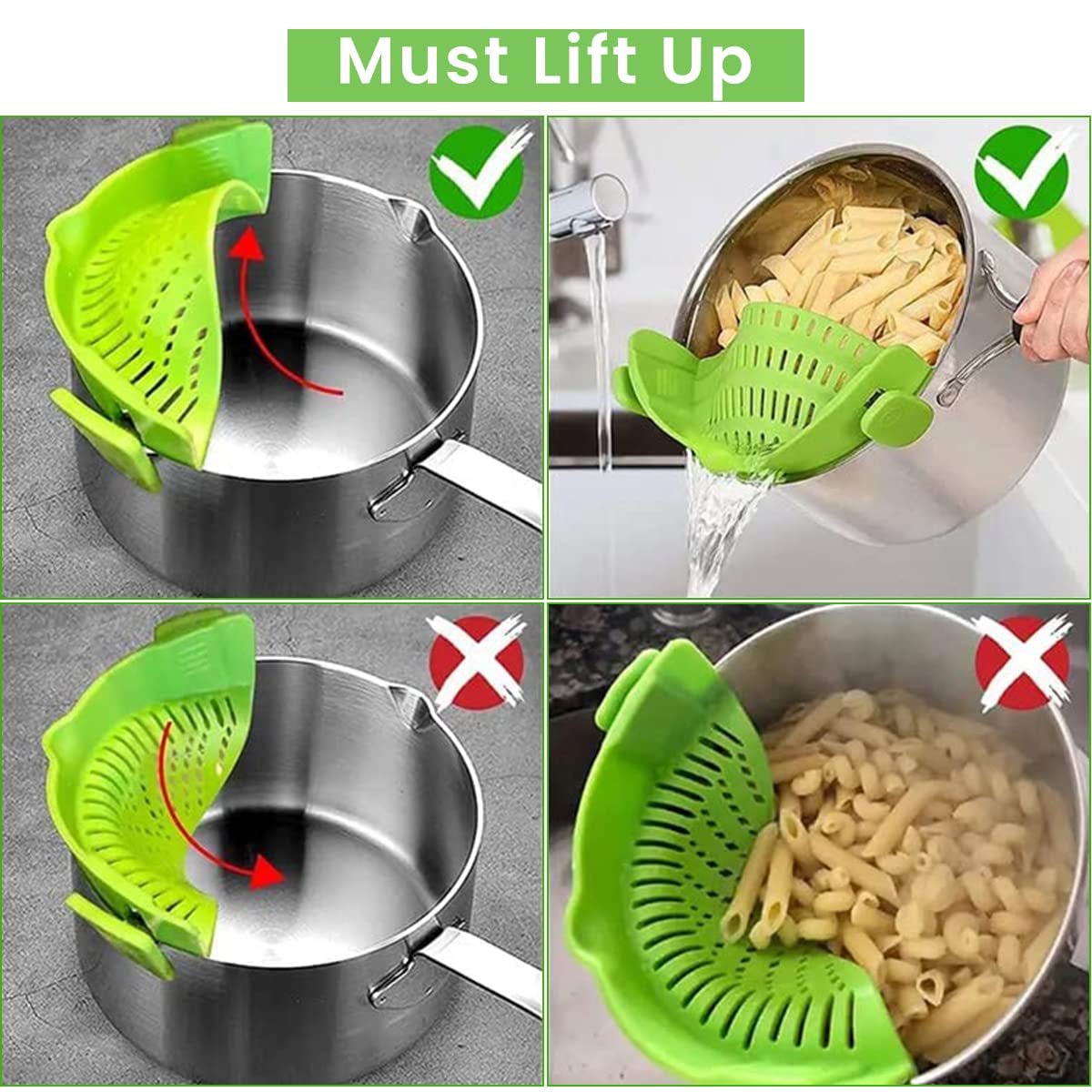 HASTHIP Clip On Pasta Strainer for Spaghetti and Vegetables featuring Dual Clamp Design | Heat Resistant Food Grade Silicone Kitchen Drainer