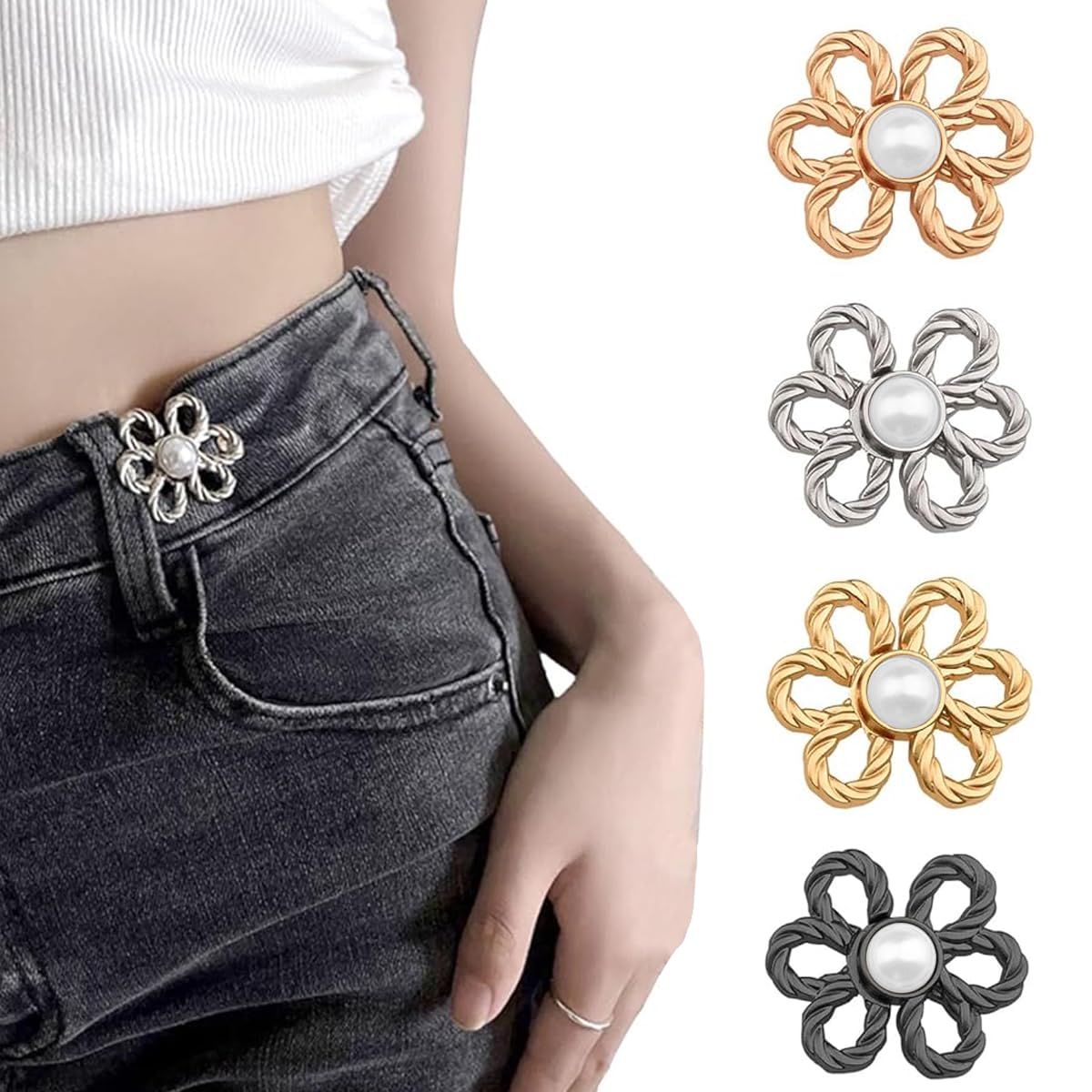 Venzina® 4 Pairs Adjustable Waist Buckle, Flower Jeans Button, Instant Pant Waist Tightener, Detachable Decorative Pin Buttons for Loose Jeans, Pants, Skirts