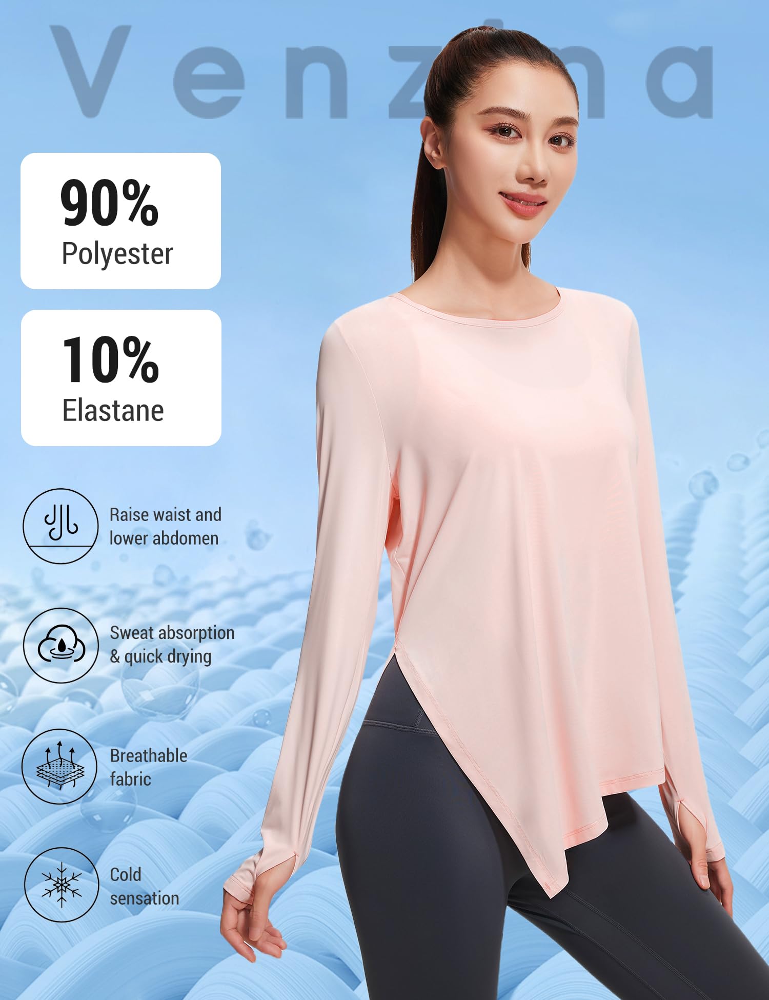 Venzina Women’s Slim Long Sleeve Top for Yoga and Running with UPF50+ and Thumbholes | Light Pink