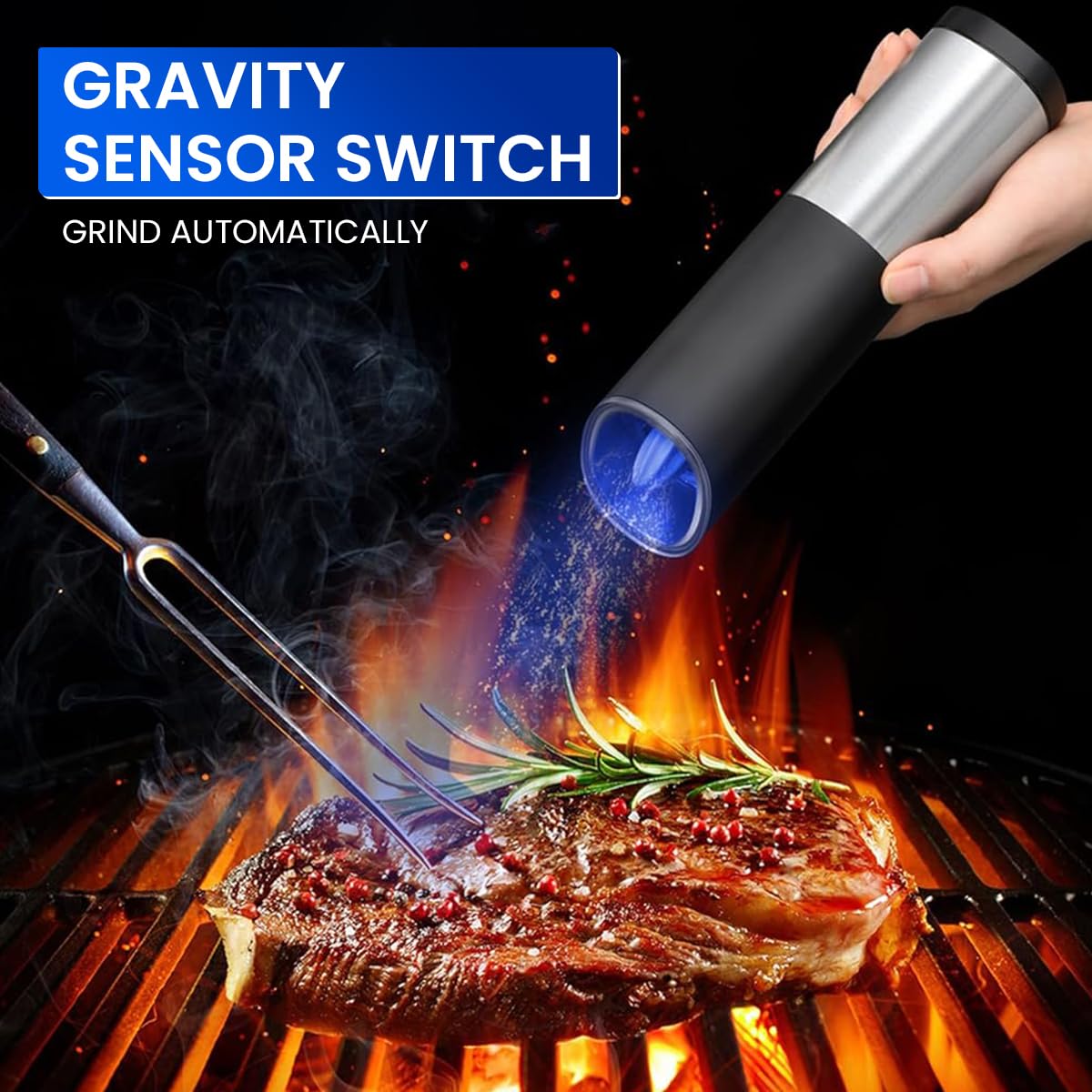 HASTHIP Electric Pepper Grinder with LED Light and Ceramic Core | Battery Operated Adjustable Coarseness