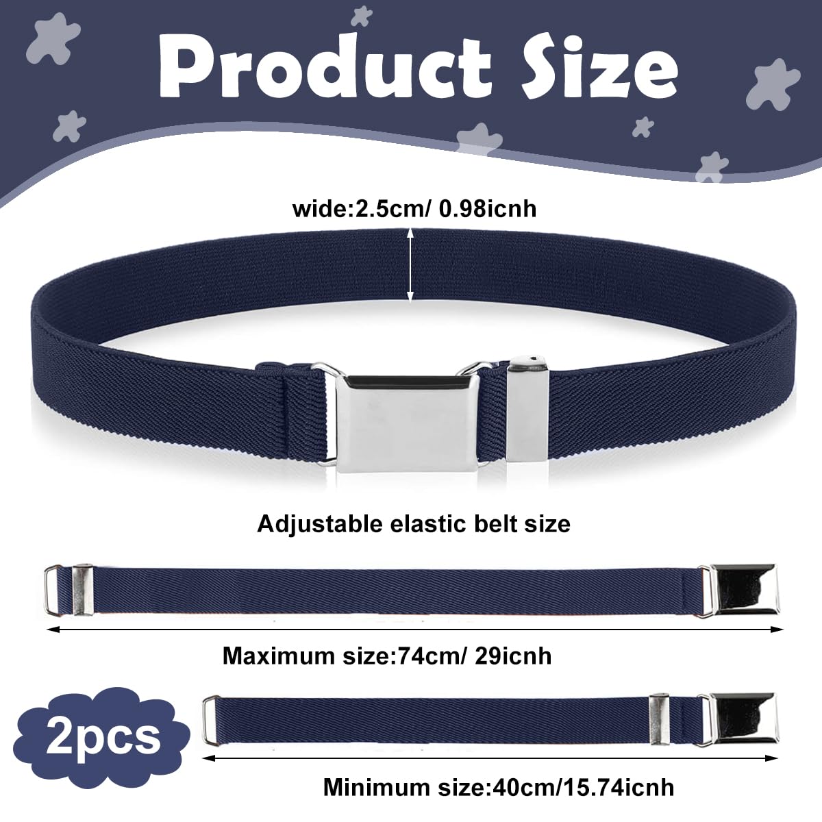 GUSTAVE Kids Belt for Boys and Girls featuring Adjustable Silver Buckle | 2pcs Elastic Grey and Navy Blue Set