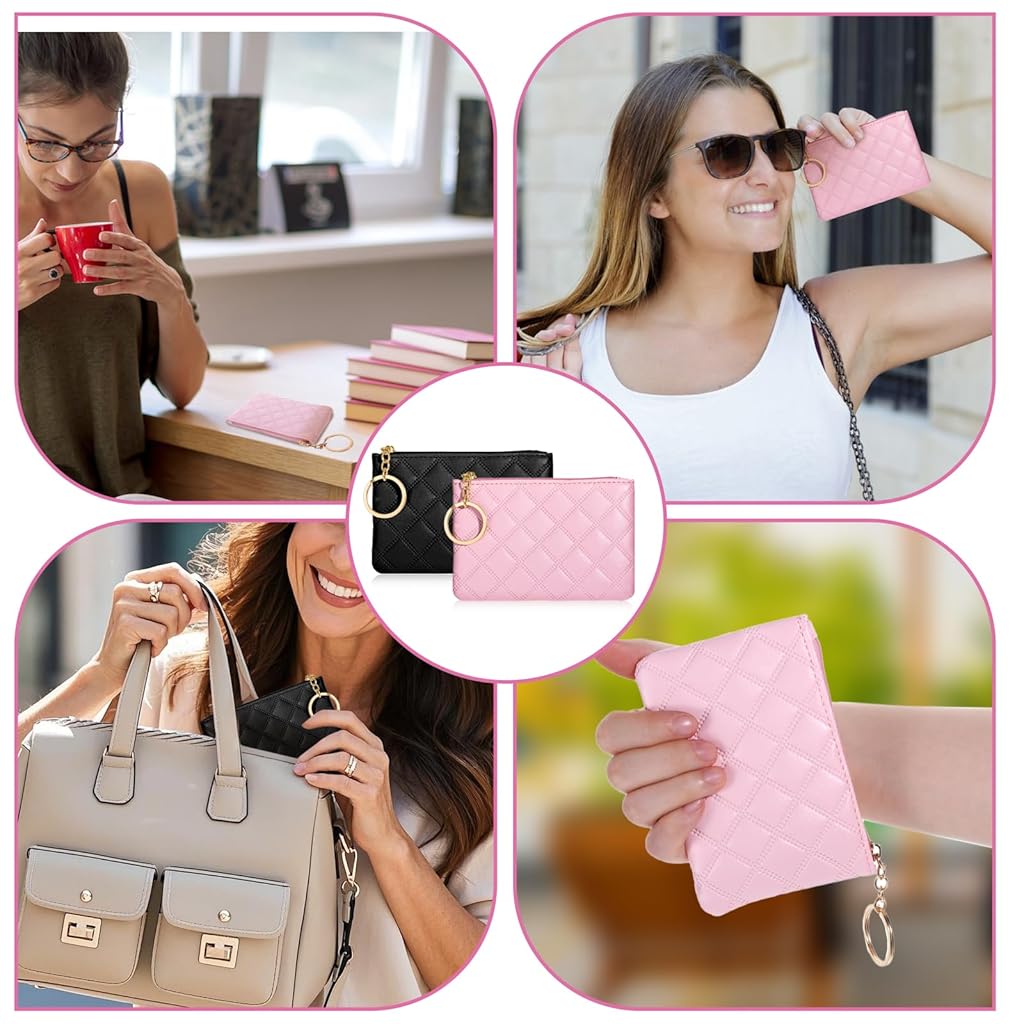 PALAY® Small Coin Purse 2Pcs Rhombus PU Zipper Coins Bag Portable Wallet Keychain Mini Coin Bags for Women & Men