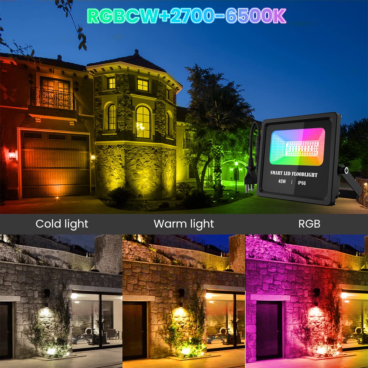 ELEPHANTBOAT Led Light RGBCW Focus Light 45W Bluetooth Smart Lights for Home 2000LM Outdoor Lights Waterproof IP66 APP Control with 16 Million Colors Changing Music Sync Timer Preset Function