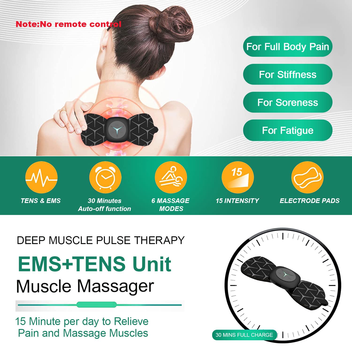 HANNEA® Body Massager Machine, Wireless Portable EMS Neck Massager with 2 Patches 6 Modes and 15 Strength Levels Rechargeable Pain Relief for Shoulder, Arms, Legs, Back for Men and Women(Black)