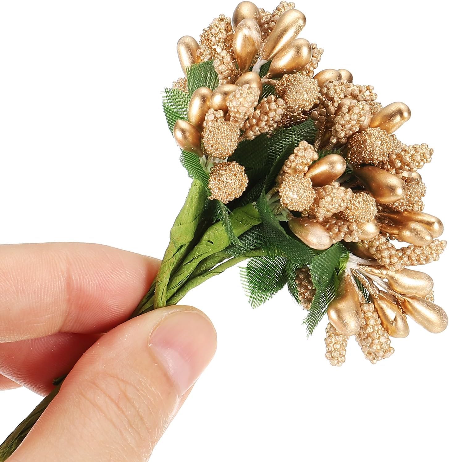 HASTHIP Artificial Flower Bunch for Weddings and Home Decor with 12 Branches & 80mm Length | Featuring Gold Beads and Green Mesh Design