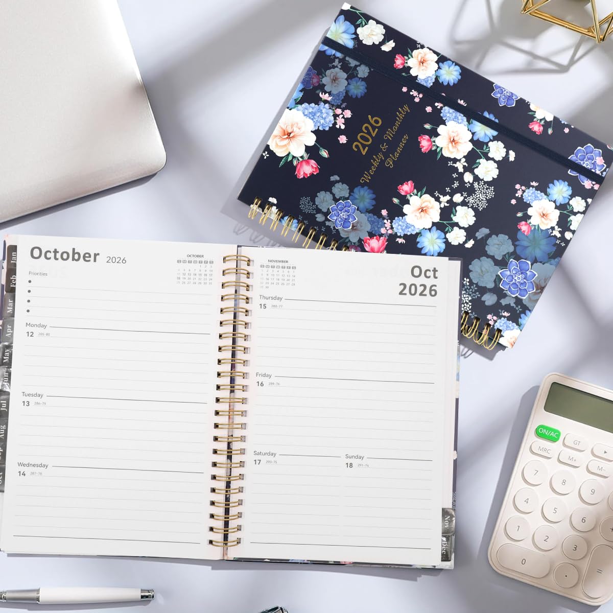 OFIFO Weekly Planner 2026 for Office and Study with Spiral Binding and Floral Hardcover | A5 Organizer Notebook with Elastic Band