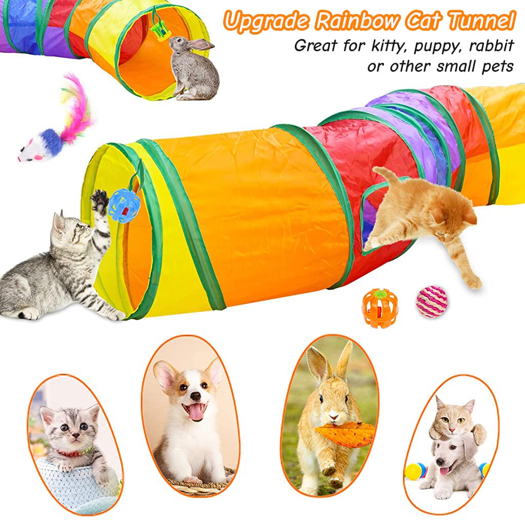 Qpets® 20 PCS Cat Toys for Kittens Set, Collapsible Cat Rainbow Tunnels for Indoor Cats, Family Set Cat Teaser Toy Cat Feather Toy Fluffy Mouse Crinkle Balls Toys for Cat Puppy Kitty