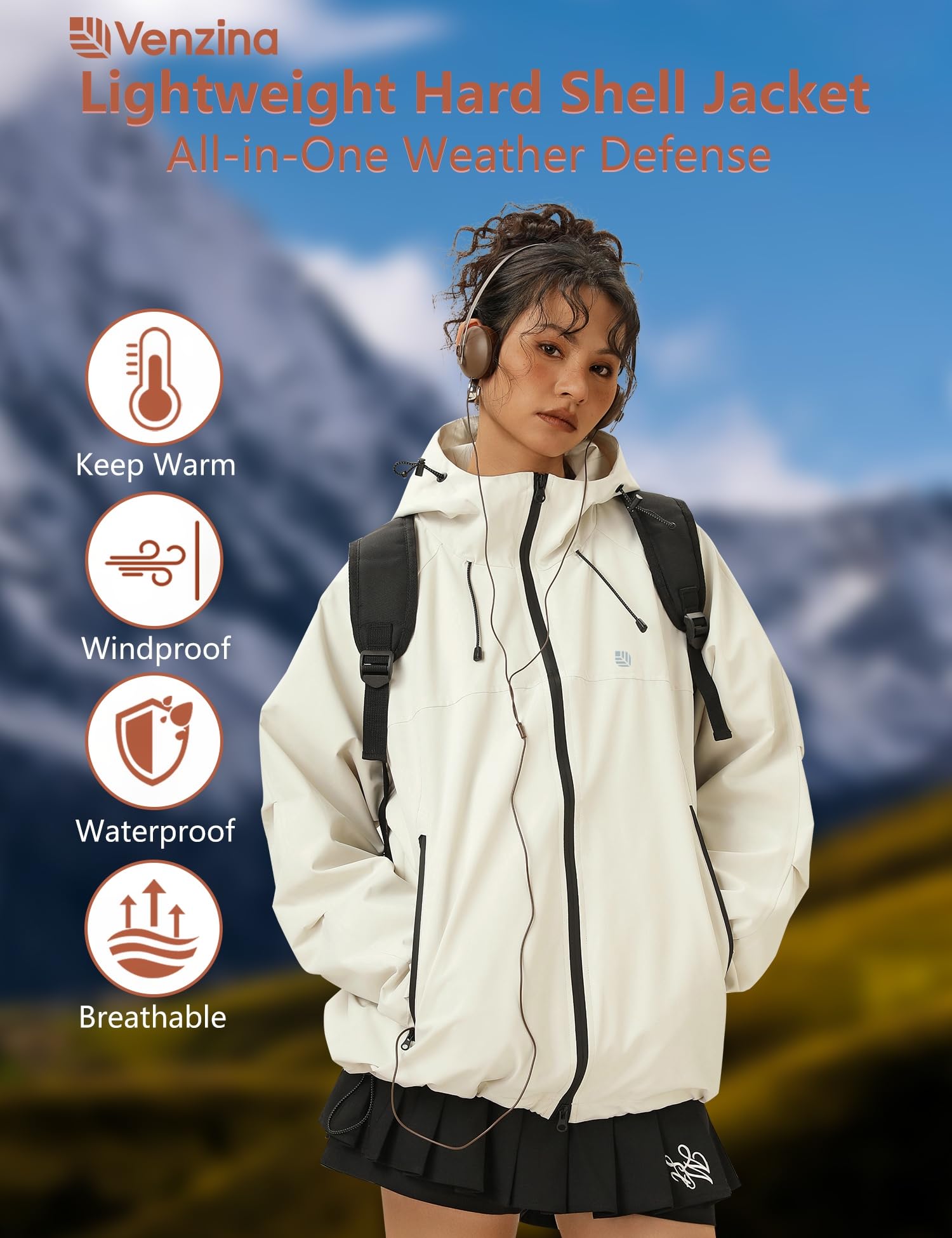 Venzina Women's Waterproof Jacket for Travel with 75D Fabric and Windproof Design | Light Khaki