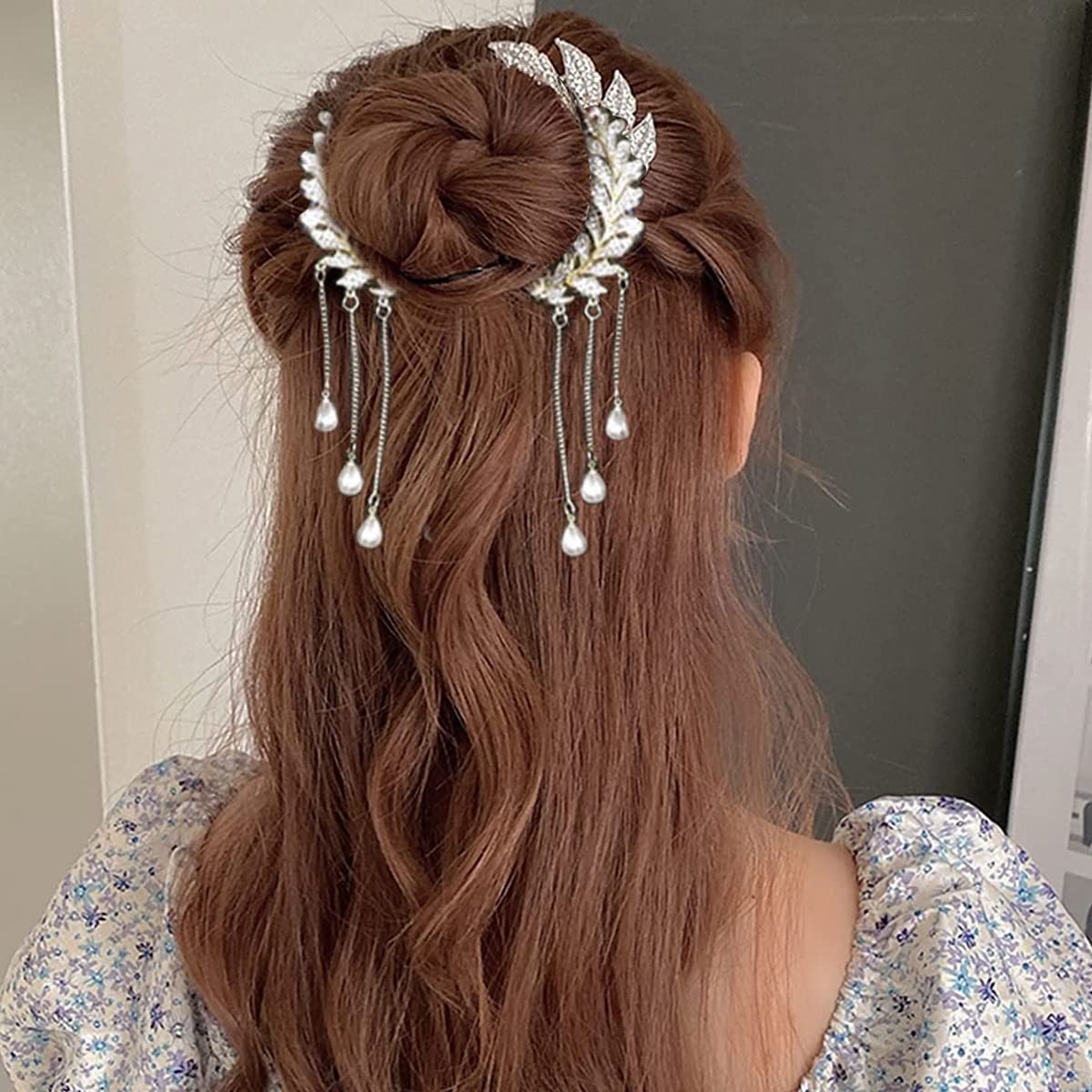 SANNIDHI Pearl Tassel Hair Bun Clip for Wedding and Party with Self Lock Design | Alloy Rhinestone Accessory for Women