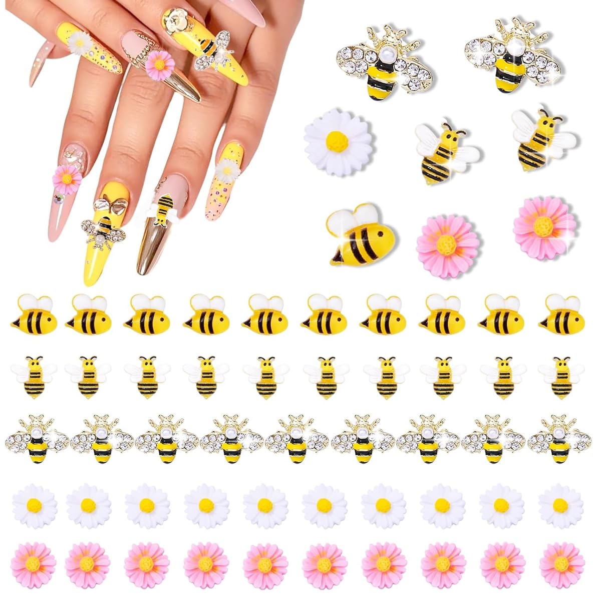 MAYCREATE Nail Art Charms for DIY Decoration featuring 50PCS 3D Gold Alloy Bees & Flowers