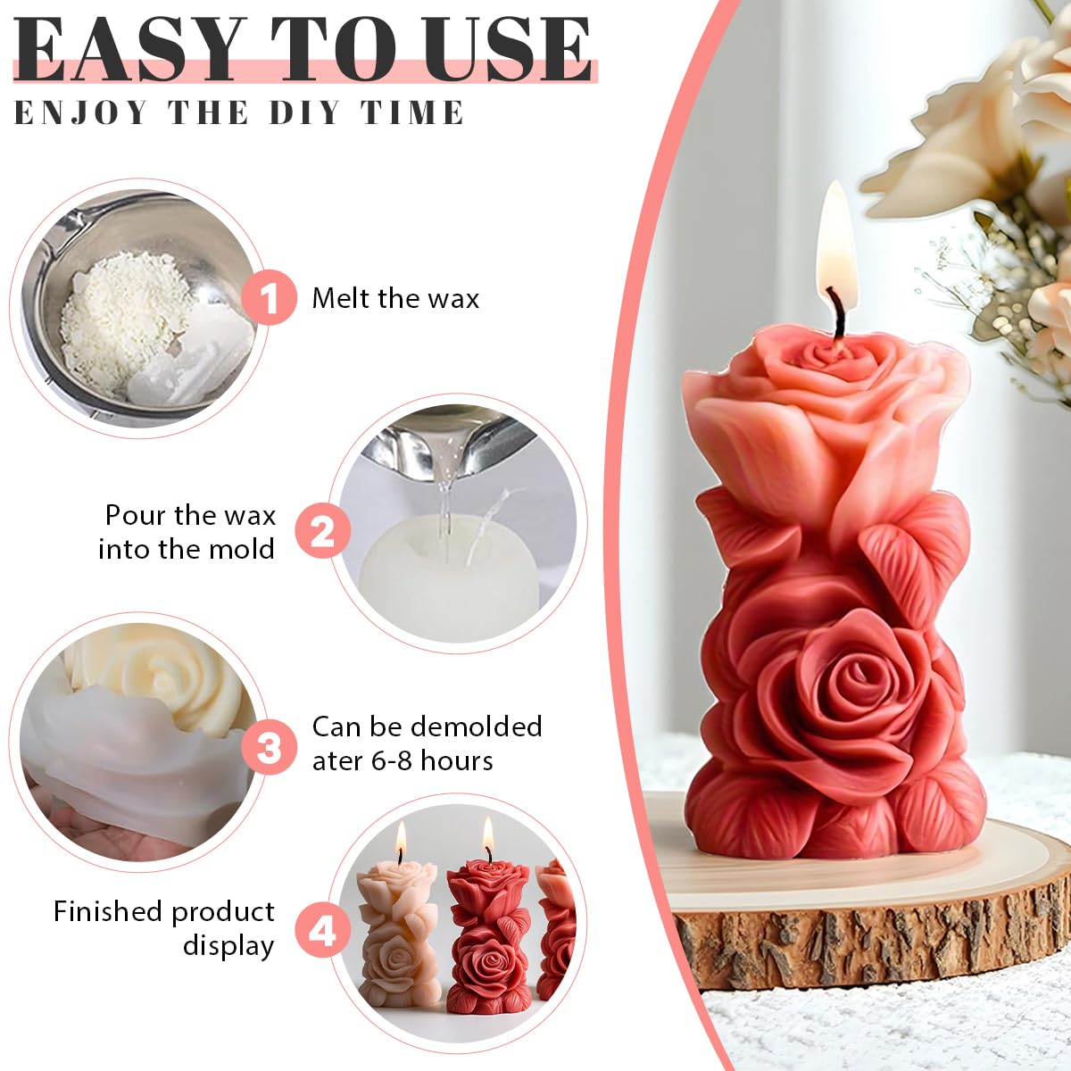 HASTHIP Silicone Candle Mold for DIY Pillar Candles featuring 3.9 in Rose Design | Reusable Mold for Wax, Soap and Resin Crafts