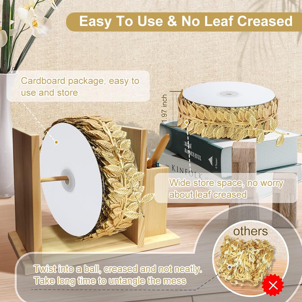 MAYCREATE Decorative Golden Leaf Ribbon for DIY Crafts and Gift Wrapping 32ft | Elegant Trim