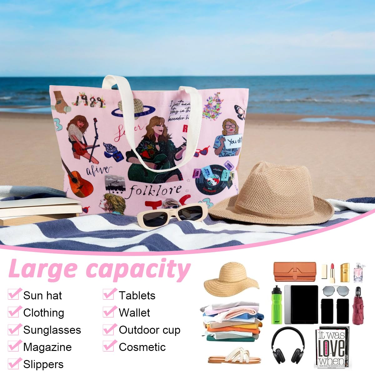 Zibuyu Girls Canvas Tote Bag for College Use with Secure Zipper Pocket 45x35x10 cm | Pink Cartoon Print