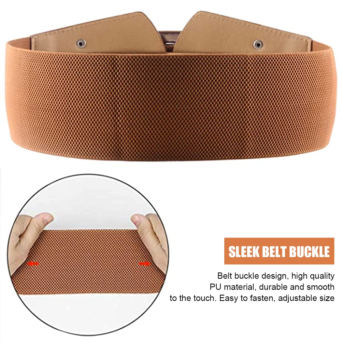 GUSTAVE Women Belt for Dresses featuring Wide Buckle 2.8 in Elastic PU Waist | Brown Style