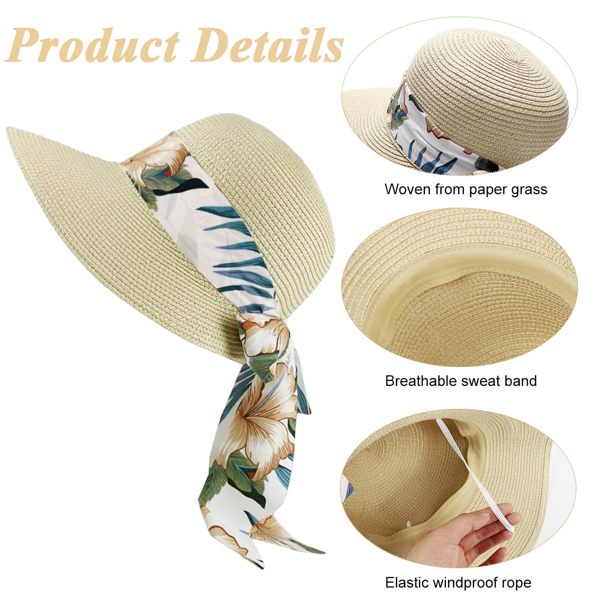 PALAY Straw Hat for Women featuring Wide Brim UV Protection and Floral Print Ribbon Beige