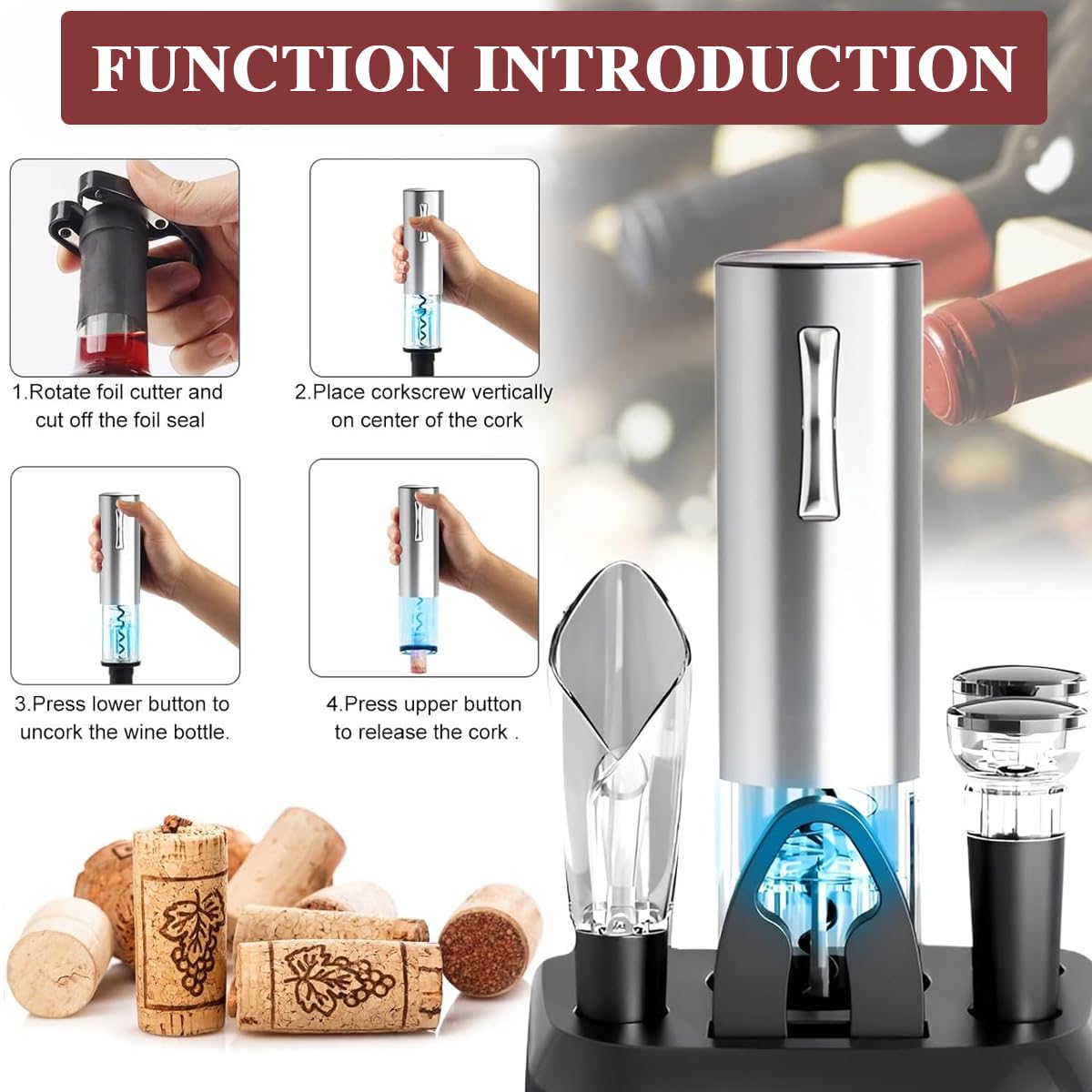 HASTHIP® Electric Wine Opener with Charging Base, Rechargeable Automatic One-Button Corkscrew Opener Kit with Foil Cutter, 2pcs Vacuum Stopper and Wine Aerator Pourer for Home Party Wedding