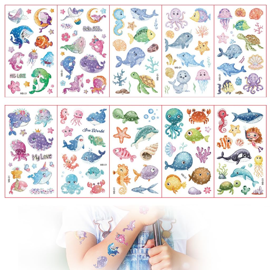 MAYCREATE® Tattoo Sticker for Kids, 10 Sheet Glittering Temporary Tattoo, Cartoon Ocean Animals Fake Tattoos for Girls Boys Birthday Parties, Group Activities