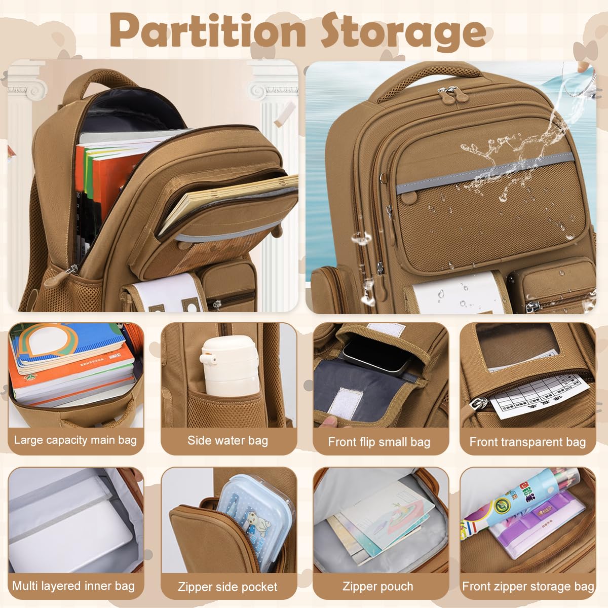 Climberty Capybara Backpack for Girls with 6 Badges and Post Cards featuring Ergonomic Support | Multi Compartment Kawaii School Bag