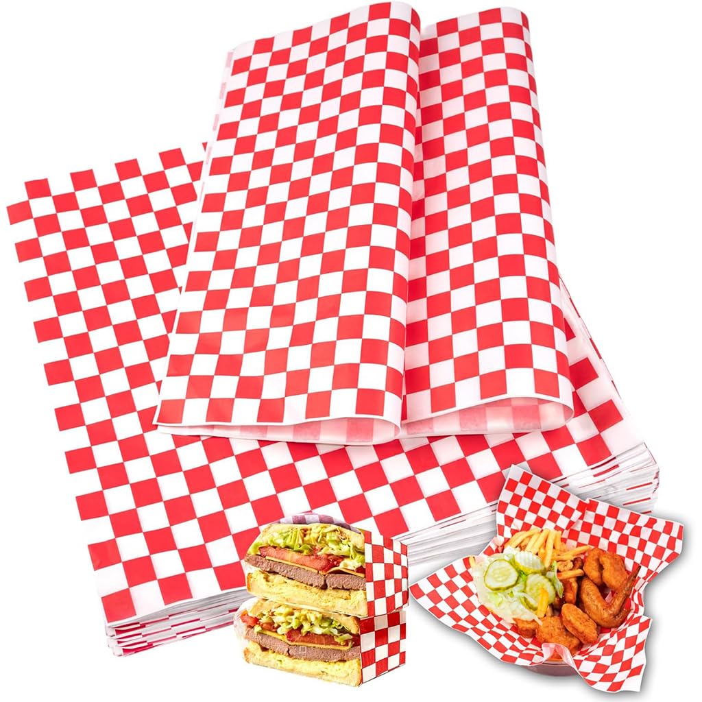 Supvox Deli Paper Sheets for Sandwiches and Food Baskets 50 Pack 12x12 Grease Resistant | Classic Checkered Wax Paper Liners