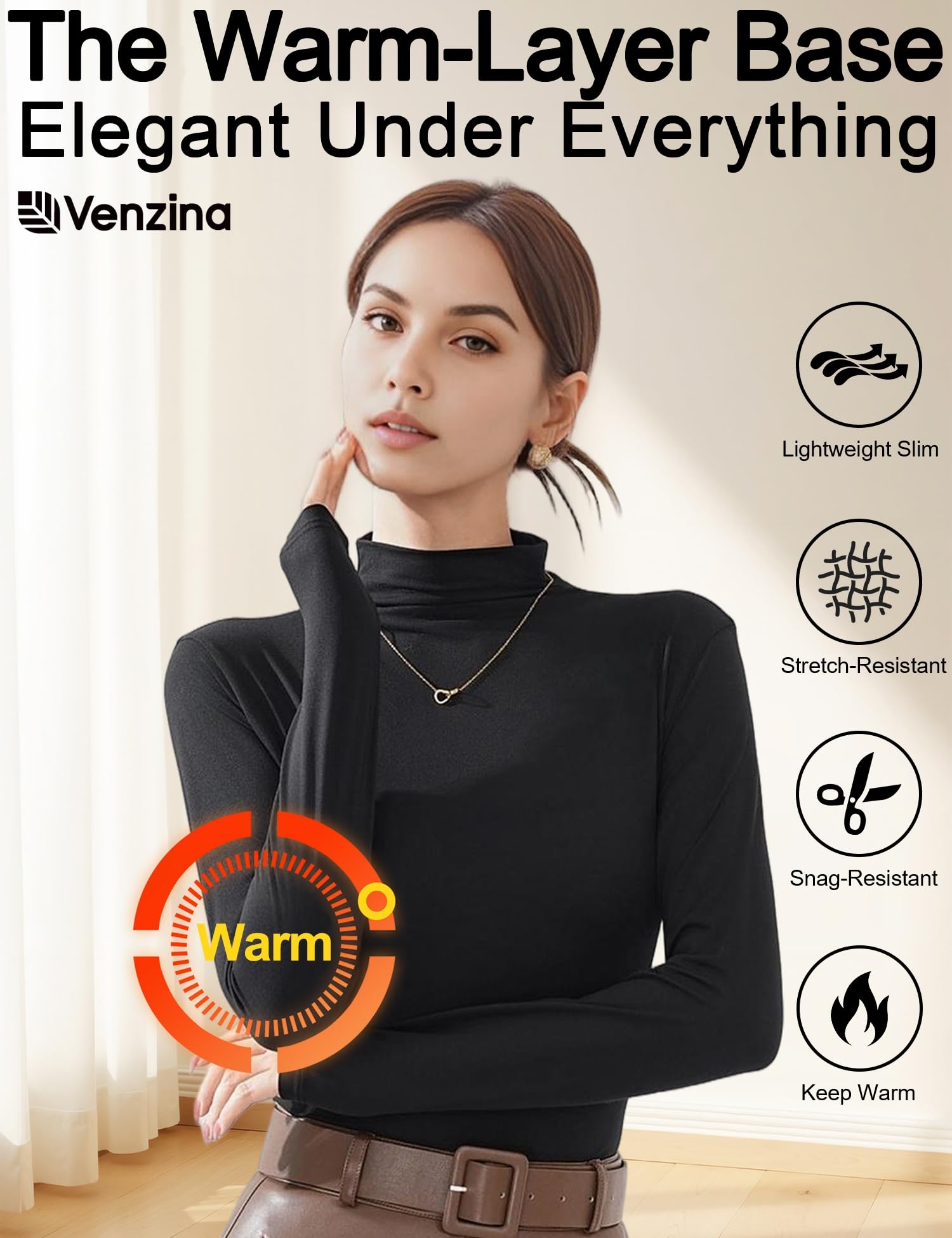 Venzina Women’s Long Sleeve Mock Neck Top for Fall and Winter Layering | Soft Stretch Slim Fit Blouse