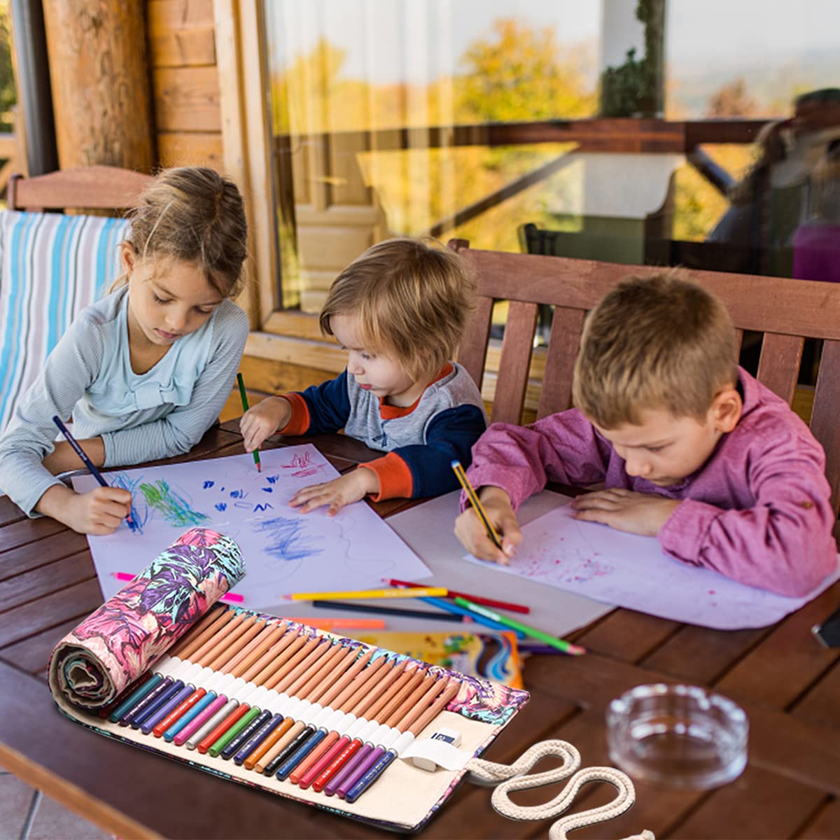 HASTHIP Canvas Pencil Wrap Case for Sketching and Drawing with 48 Slots and 58×20 cm Size | Maple Leaves Print Gift for Students