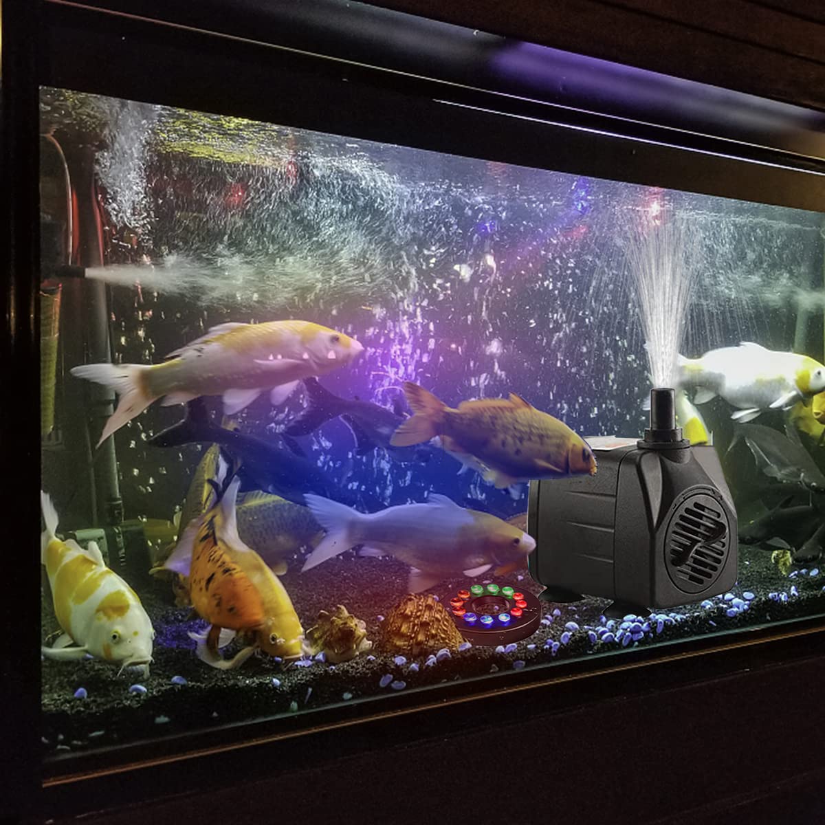 HASTHIP Aquarium Pump for Fountains and Fish Ponds with 750L/H Flow and 12 LED Lights | Ultra‑Quiet Submersible Motor 15W Black