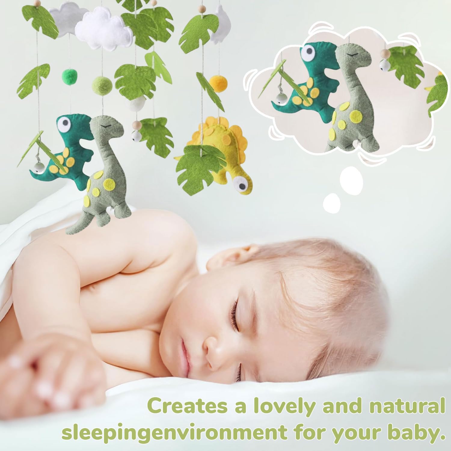 SNOWIE SOFT Crib Mobile Toy with Felt Dinosaur Plush and Wooden Ring for Nursery | Baby Shower Gift